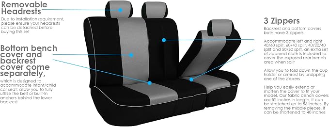 FH Group Full Set Cloth Car Seat Covers, Universal Fit, Low Back Front Seat Covers, Airbag Compatible, Split Bench Rear Seat, Washable Seat Cover for SUV, Sedan, Van Gray