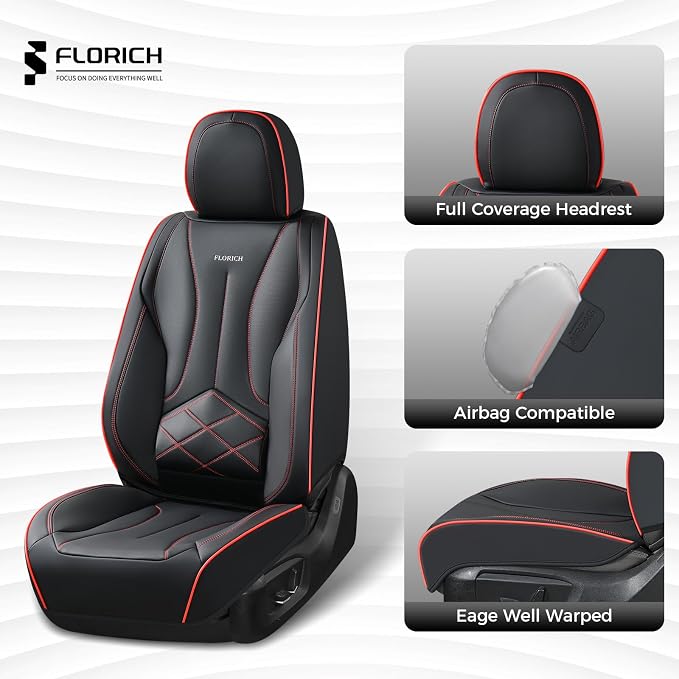 FLORICH Leather Seat Cover, Car Seat Covers Front Set, Waterproof Car Seat Protectors, Front Seat Covers 2 Pack, Automotive Seat Covers Protector Fit for Most Cars Trucks SUV - Black&Redline