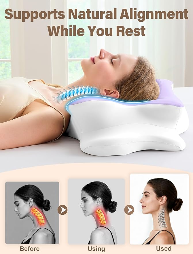 Cervical Neck Pillow for Pain Relief – Ergonomic Memory Foam Pillow for Side Sleeper Contour Orthopedic Bed Pillow for Neck Support with Cooling Cover – Ideal Christmas Birthday Gift - Purple
