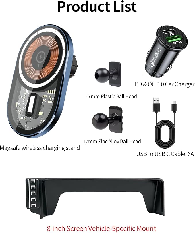 Wireless Charging Car Phone Holder for Toyota Corolla/Hybrid 2020-2026 / Corolla Cross 2022-2026, 8" Screen Fixed Clip, 360° Rotation Car Phone Mount Compatible with MagSafe