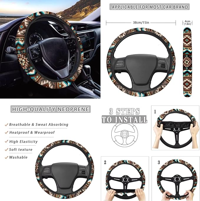 Howilath Southwest Aztec Tribal Car Seat Cover Set SUV with Steering Wheel Protector/Seat Belt Shoulder Pads/Keychains/Coasters Set of 13 Auto Accessories