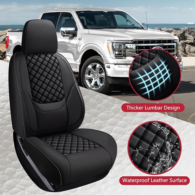 F150 Seat Covers 2015-2025 Front Pair, Truck Interior Sets with Lumbar Support Custom Fit for Ford F150 2015-2025, F250/F350/F450 2017-2025 Super Duty Crew Cab XLT XL Lariat Platinum, Black