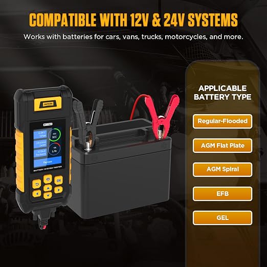 AUTOOL BT760 Automotive Battery Tester with Thermal Printer – 12V/24V Car & Motorcycle Battery Checker, Cranking & Charging Test, Reverse Polarity Protection, HD Color Display