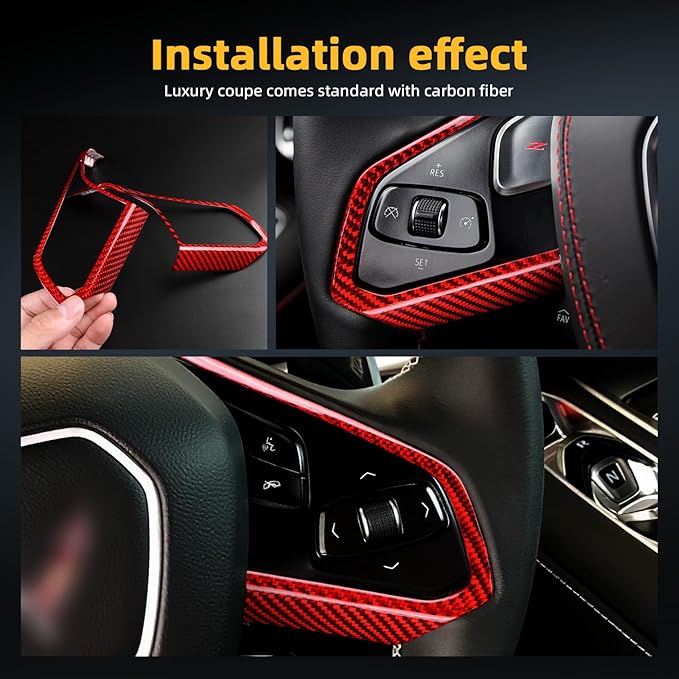 Real Carbon Fiber Steering Wheel Button Frame Covers - for Corvette C8 2020 2021 2022 2023 2024 2025 Carbon Fiber Accessories, Durable Anti-Scratch Protective Accessories (Red)