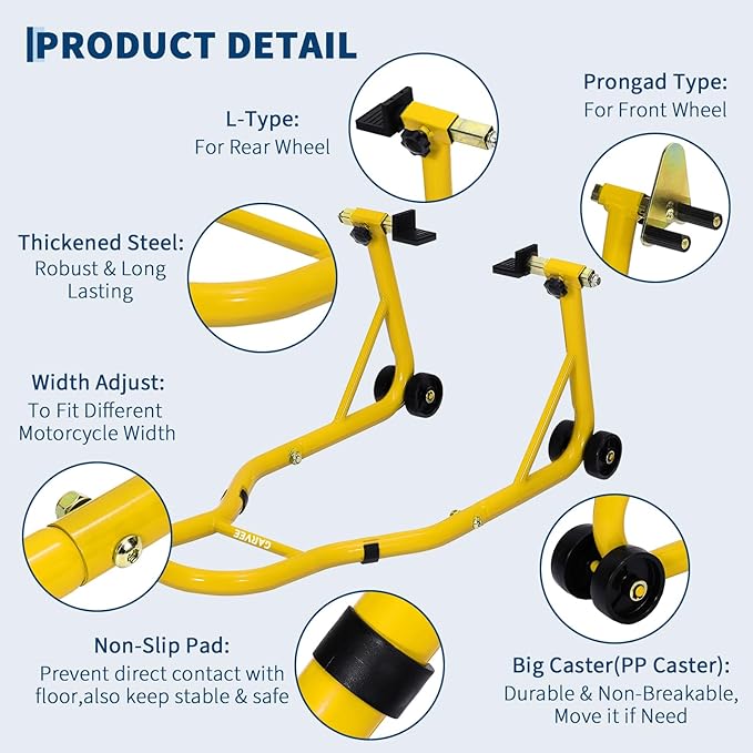Garvee Motorcycle Stands Front and Rear, 900 LB Heavy Duty Front & Rear Wheel Lift Combo with Prong Adapters+L Adjustable Swingarm Spool, Universal Paddock Stands for Most Motorcycles, Yellow