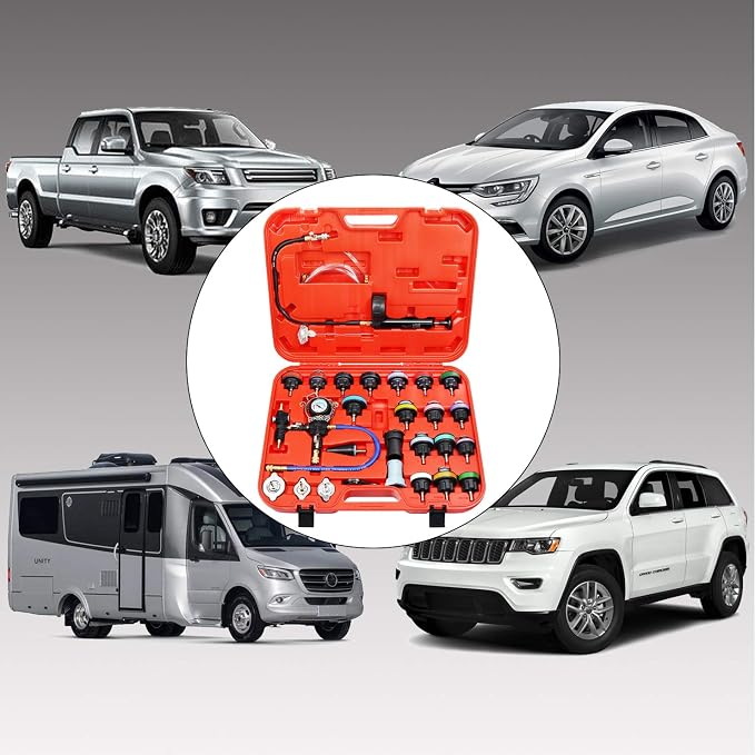 YSTOOL Radiator Pressure Tester Coolant Vacuum Refill Kit 28PCS Automotive Cooling System Leak Test Pneumatic Water Tank Purge Fill Tool Set with Gauge Adapter Cap Universal for Auto Car Airlift
