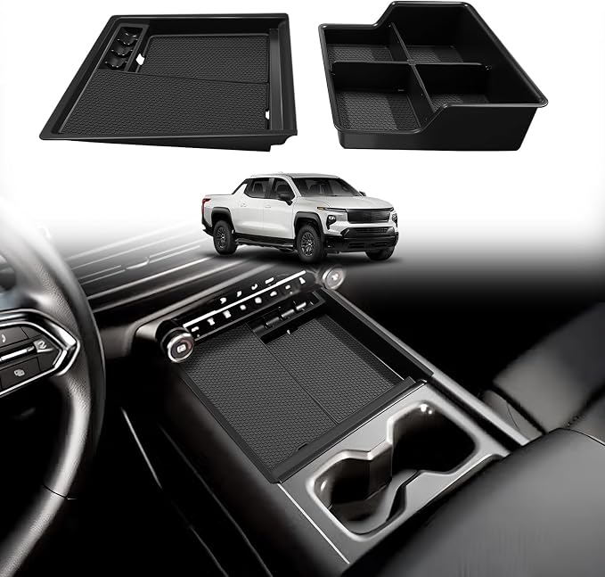 BestEvMod 2PCS Front Center Console Organizer Compatible with Chevrolet Silverado EV WT 2026 2025 2024 Pickup Armrest Storage Box Divider Trays NOT Fit ICE or RST/LT Models (Front Console)