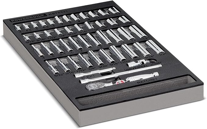 Powerbuilt 47 Piece Socket, Ratchet, Accessories Tool Set, 1/4-Inch Drive, SAE and Metric, Storage Tray, Pro Tech Tools Series, 949004, Silver