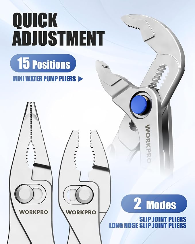 WORKPRO 3-Piece Mini Pliers Set with Pouch, 4-Inch Slip Joint Plier & 4-Inch Water Pump Plier & 4.5-Inch Long Nose Slip Joint Plier, High-Toughness Pocket Pliers for Tight Spaces & Versatile Use