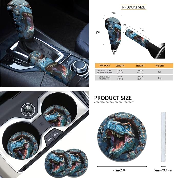 AFPANQZ Funny Dinosaur 11 Pieces Auto Accessories Set with Seat Covers Full Set with Hand Brake Cover Gear Shift Knob Cover Seat Belt Pads Car Coaster Steering Wheel Cover