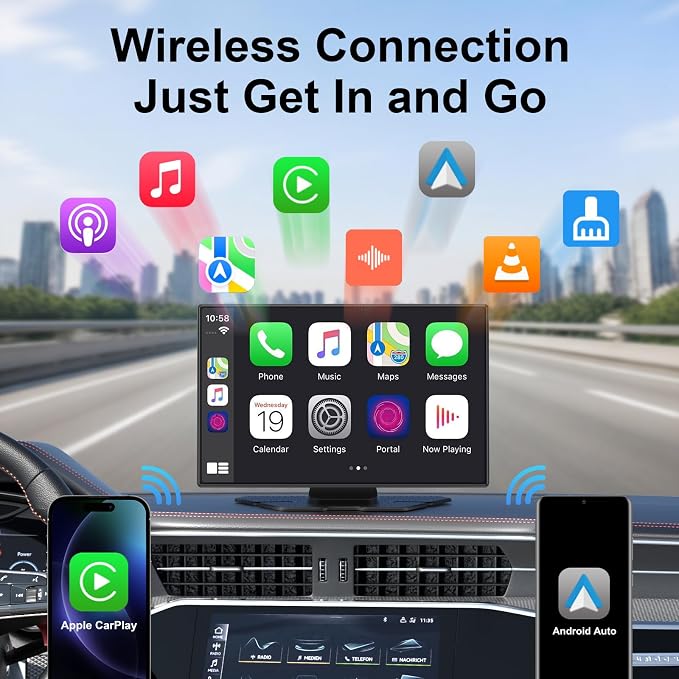 9" Wireless Apple CarPlay & Android Auto CarPlay Screen with 4K Dash Cam, Portable CarPlay Display with 1080p Backup Camera, GPS Navigation, Mirror Link, Bluetooth 5.0, FM, Voice Control