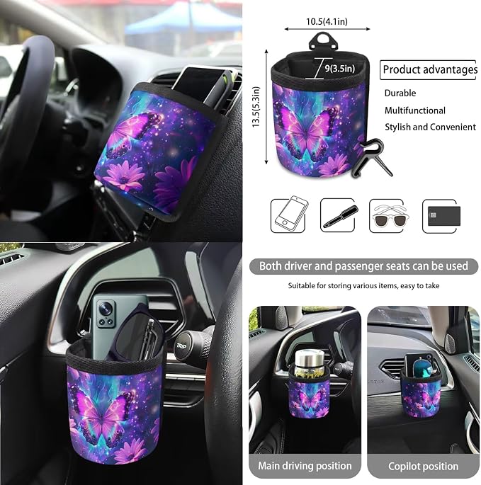 Butterfly Fire Sunflower Print Car 15pcs Accessories, Full Set Seat Covers for Cars Steering Wheel Cover Seat Belt Cover Trash Can Air Vent Pocket Mirror Cover Coasters Universal Fit