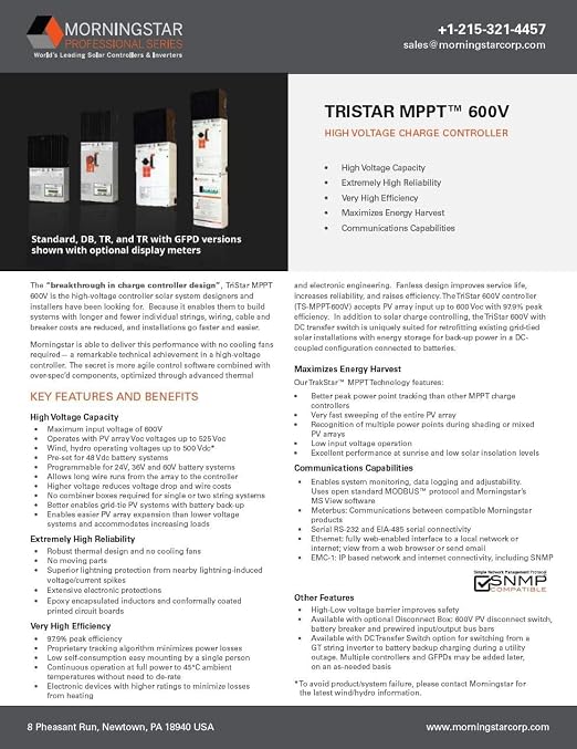 Morningstar Tristar MPPT 600V Solar Charge Controller w/ Disconnect Box (TS-MPPT-60-600V-48-DB) - Intelligent High Voltage Solar Panel Regulator for LA/Li Batt. 97.9% Effic. Data/Comms