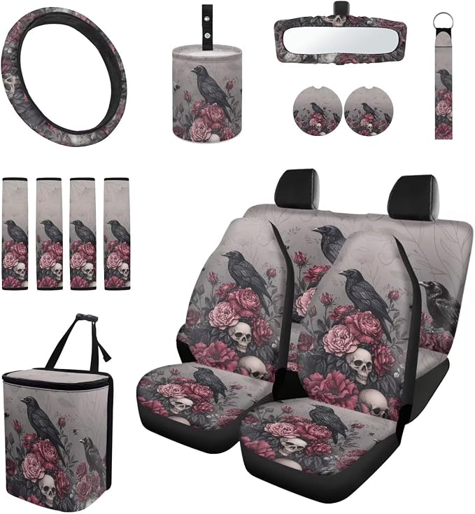 15 Pcs Rose Skull Car Seat Covers Full Set for Women Goth Raven Car Accessories Interior Car Steering Wheel Cover Seatbelt Covers Trash Bin Rear View Mirror Cover Cup Holders Keychain
