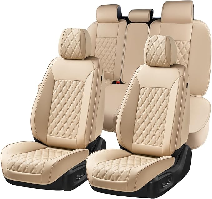 Huidasource Seat Covers for Car, Beige Car Seat Covers, Front and Split Rear Bench Seat Covers, Leather Seat Cushion Cover Protector Universal Fit for Most Cars,Vans,Trucks, SUVs (Full Set/Beige)
