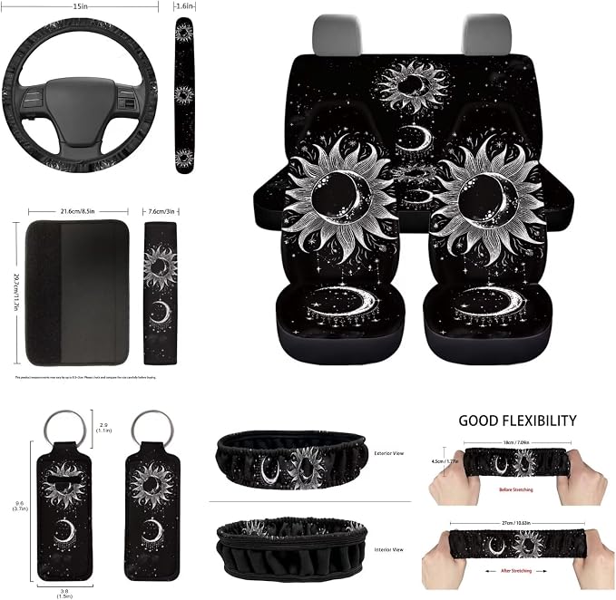 14 Pack Moon and Stars Car Seat Covers Full Set Black Car Accessory with Universal Fit Steering Wheel Cover/Seat Belt/Keyring/Coaster/Car Rear View Mirror Covers Automotive Interior Sets
