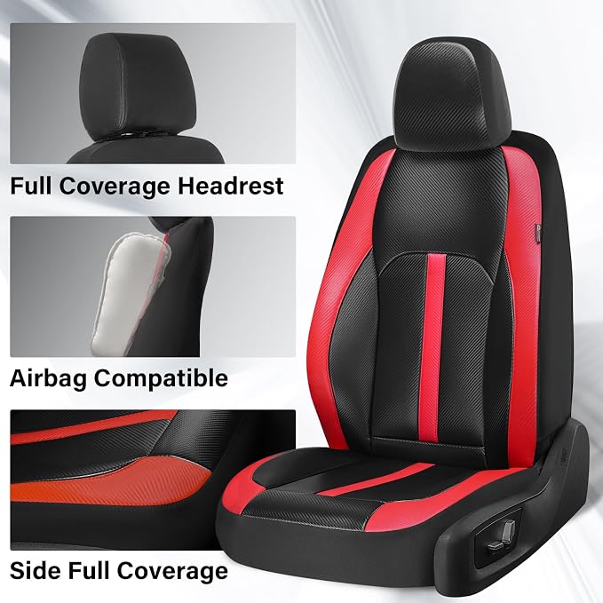 Coverado Leather Car Seat Covers Front Seats & Carbon Fiber, Waterproof and Durable All Weather Protector, Universal Fit for SUV, Pickup Truck, Sedan, Automotive Vehicle Interior, Black&Red