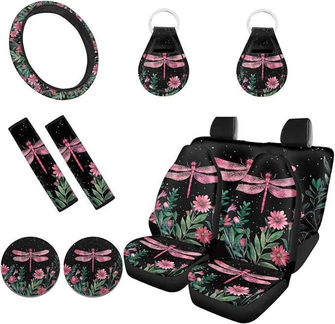 Biyejit Dragonfly Flowers 11 Pack Auto Accessories Car Seat Covers Full Set for Front & Rear Seat, SUV Car Steering Wheel Cover, Seat Belt Cover, Cup Coasters, Key Chains