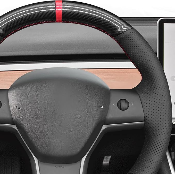 MEWANT Hand Stitch Shiny PU Carbon Fiber Real Leather Steering Wheel Cover for Tesla Model Y 2020-2023 Model 3 2017-2023