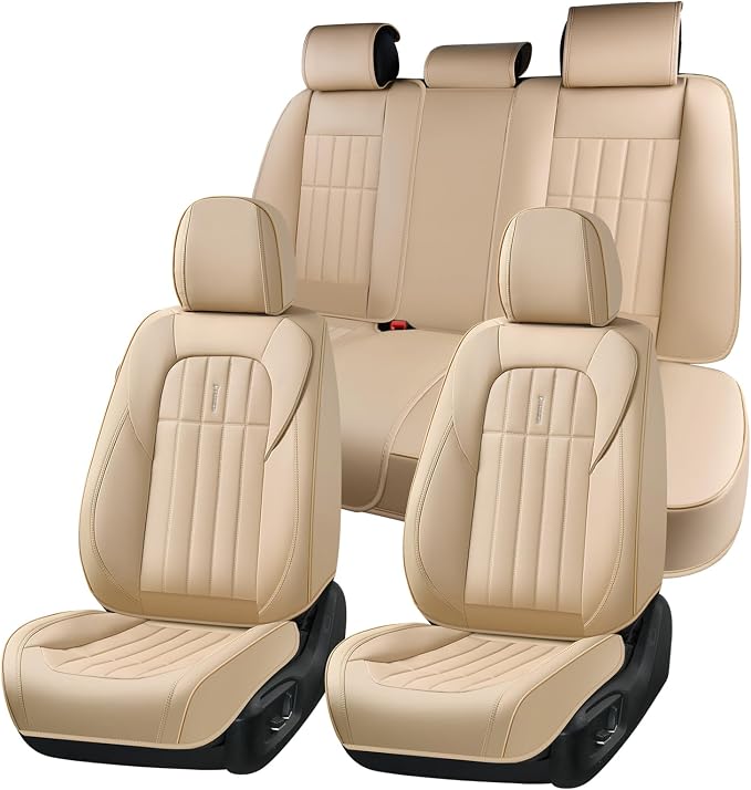 FLORICH Seat Cover, Leather Car Seat Covers Full Set, Waterproof Car Seat Protectors 5 Seats, Front and Rear Seat Covers for Cars, Automotive Seat Protector Fit for Most Sedans SUV Truck - Beige