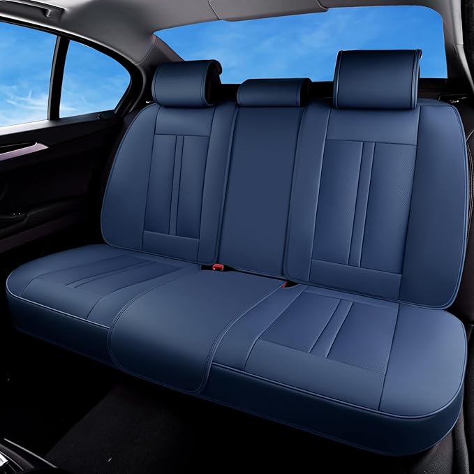 Huidasource Blue Back Seat Cover Luxury Nappa Leather, Rear Seat Cover with Velcro Adjustable, Ventilation Holes, Child Safety Seats, Back Seat Car Cover Universal Fit for Most Cars SUV Trucks, Blue