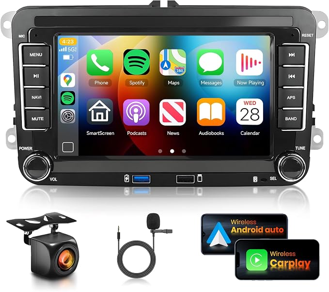 5G WiFi Android 15 Car Radio for VW Passat Jetta Golf Touran Seat Golf Beetle Car Stereo with Wireless Carplay Android Auto,7 inch IPS Touch Scree FM/RDS GPS AHD Backup Camera