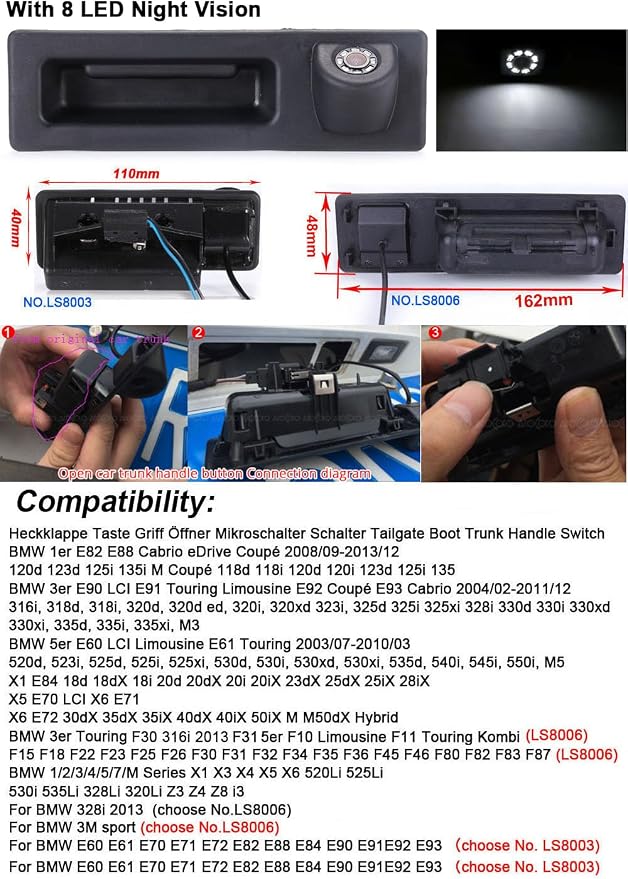 HD 8LED Night Vision Rear View Reverse Trunk Handle Backup Camera Compatible with BMW 520Li 525Li 530i 535Li 328Li 320Li Z3 Z4 Z8 i3/328i/F30 316i/F15/E60 E61 E70 E71 E72 E82 E88 E84 E90 E91 E92 E93