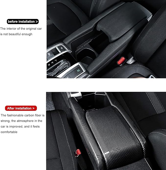 Center Console Trim Cover Compatible with Honda Civic 10th Generation 2016-2021 Center Armrest Box ABS Black Carbon Fiber (3Pcs)