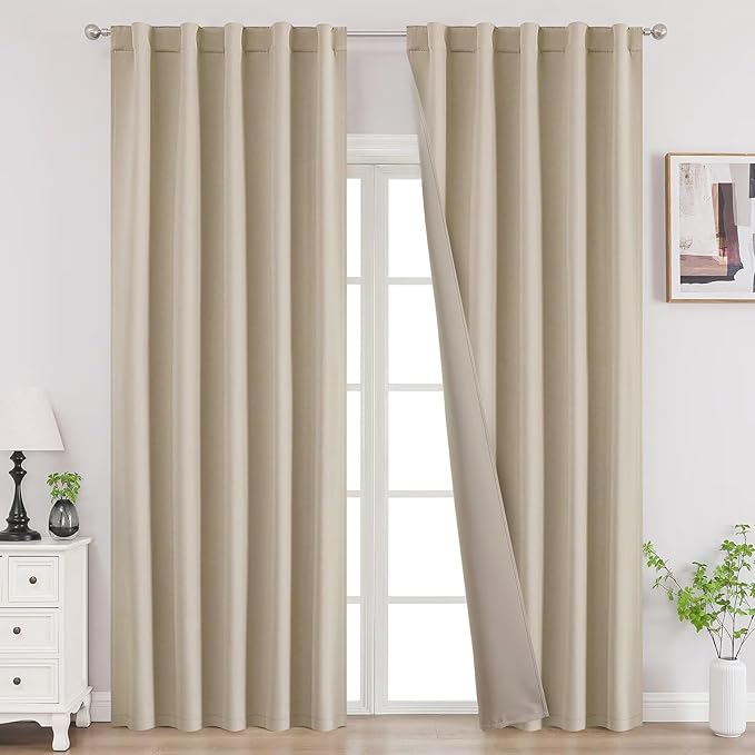 Joydeco 84 Inch Blackout Curtains for Bedroom, Thermal Insulated Black Out Curtains 2 Panels Set, Room Darkening Drapes for Living Room Window Rod Pocket Back Tab (W37 x L84 Inch, Light Beige)