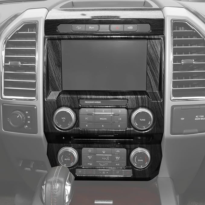 CheroCar Black Wood Grain Central Control Navigation & Emergency Light Control Panel Trim Cover Kit Fit for Ford F150 2015-2020 Hazard Light Switch & GPS Screen Surround Decorative Bezels