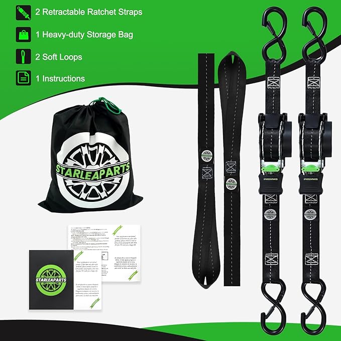 STARLEAPARTS Retractable Ratchet Straps(2PK) - 1,500lb Break Strength, Ratchet Straps Heavy Duty with Soft Loop Tie Downs, Perfect Auto Ratchet Strap for Motorcycle, Kayak and Trucks (Black)