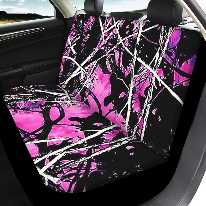 12 Pc Purple Camo Oak Hunting Print Car Seat Covers Full Set Universal Auto Protector with Steering Wheel Covers/Seat Belt Pads/Key Chain/Coaster/Lipstick Holder for Most Cars Truck Suvs