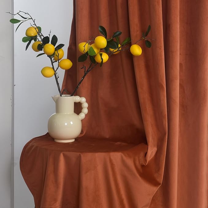 Roslynwood Luxury Soft Pumpkin Velvet Curtains 84 inches Long Back Tab Thermal Insulated Blackout Window Drapes for Living Room/Bedroom/Dining Room, W52 x L84, 2 Panels