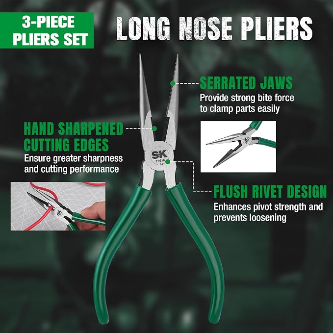 SK Tools USA 3 Piece Pliers Set: Diagonal Cutting, Long Nose Cutting, Linesman | 17842