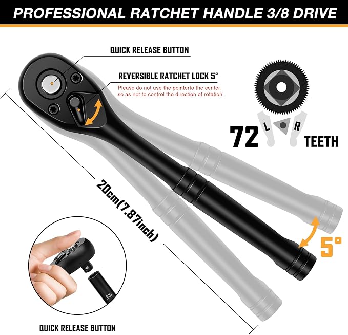 3/8" Drive Impact Socket Set, 110-Piece Metric and SAE CR-V Sockets with Ratchet Handle, Extension Bars, and Carrying Case