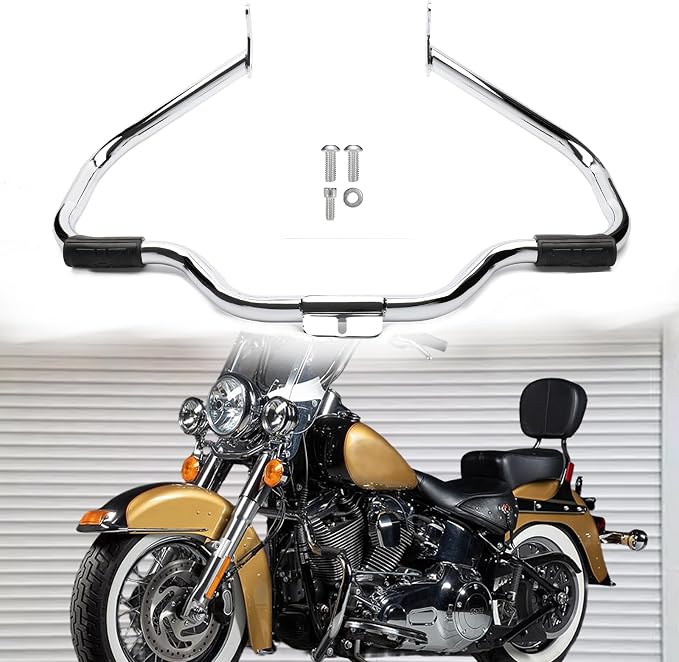 Softail Engine Guard Crash Bar 1.25" Fat Mustache Guard Highway Bar Designed for 2000-2017 Harley Heritage Softail Classic Deluxe Fat Boy FLSTF Models, with Anti-Slip Pedals, Chrome