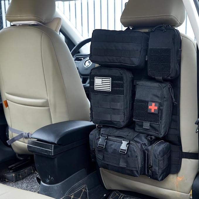 Universal Tactical Car Seat Back Organizer Bag Tactical Molle Vehicle Organizers Panel Gear Accessories with 5 Different Size Molle Pouches for Car Truck Ford Jeep Vehicle (B style-Black)