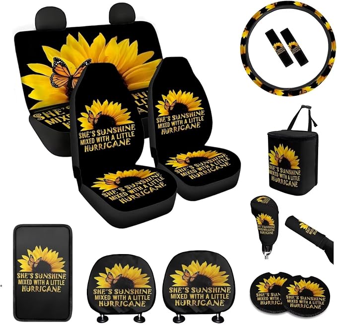 BIGCARJOB Sunflower Car Accessories Set 15 Pack She's Sunshine Sunflower Car Seat Covers Full Set,Sunflower Car Headrest Cover,Steering Wheel Cover,Car Trash Can,Seat Belt Pads