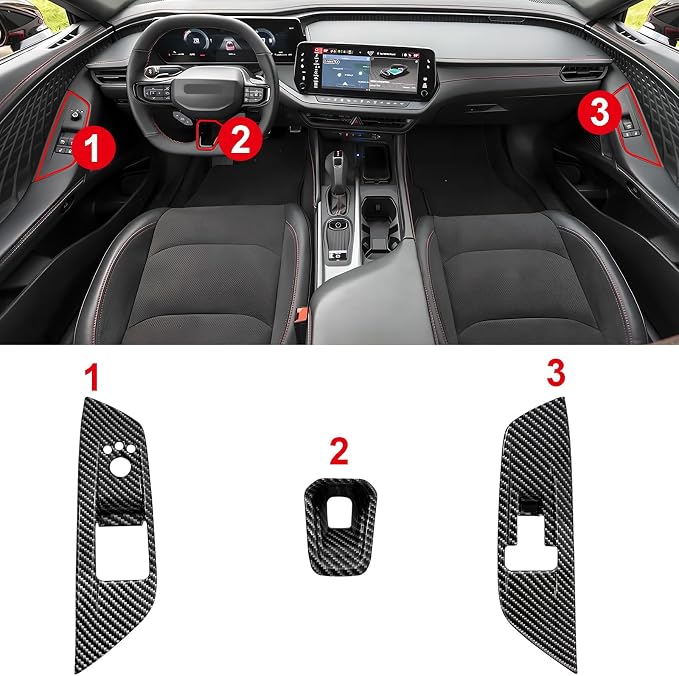 BestEvMod 3PCS Interior Decoration Trim Set of 3 Window Lift Switch Panel Cover & Steering Wheel Lower Spoke Trim Compatible with Dodge Charger EV 2026 2025 2024 Accessories (Carbon Fiber Pattern)