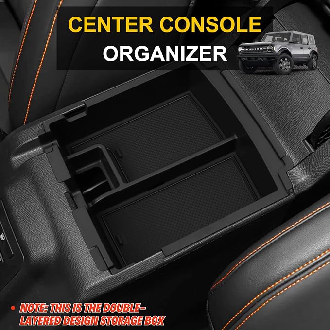Center Console Organizer for 2025 2026 Ford Bronco 4 Door Accessories - Double Layer Armrest Storage Box Compartment & Center Console Cupholder Insert - (Only for Automatic Transmission & 4 Doors)