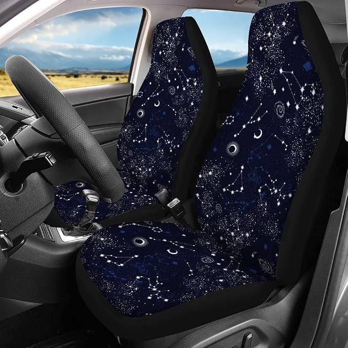 Xoenoiee 11 Pcs Celestial Moon Stars Print Car Accessories Full Set for Women, Universal Front Car Seat Cover, Back Bench Seat Cover, Steering Wheel Covers, Seat Belt Pads, Cars Coaster, Key Chains