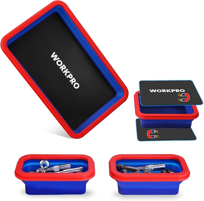 WORKPRO 4PC Collapsible Magnetic Parts Tray Set, Double-Sided Magnet Bowl for Screws, Nuts, Pins, Foldable Bolt Tray for Garage, Maintenance, Silicone Mechanic Tools Gift for Man, 11 Inch & 6.3 Inch