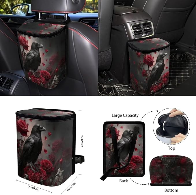 Rose Raven 15 PCS Car Seat Cover Set with Auto Steering Wheel Cover Seat Belt Strap Protector Cup Holder Trash Bag Rear View Mirror Protector Keychain
