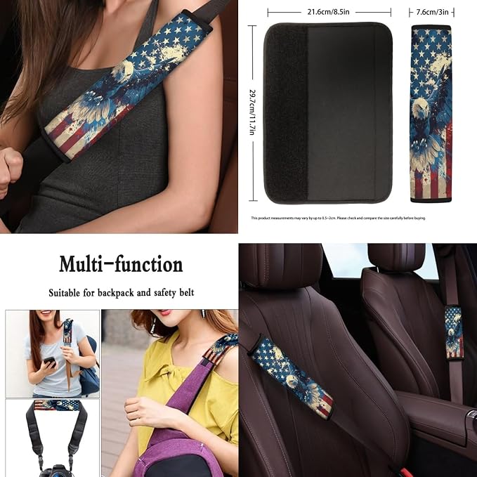 8 Pcs American Flag with Eagle Theme Car Accessories Set, Car Seat Covers Full Set with Auto Steering Wheel Cover Center Console Pad Seat Belt Covers, Patriotic Decorations