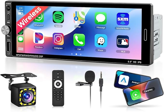 Single Din Car Stereo with Wireless Carplay Android Auto-2025 Upgraded Bluetooth 5.2 Type-C Dual Mic 6.9 Inch IPS Touch Screen Car Radio with Backup Camera Mirror Link FM USB EQ SWC