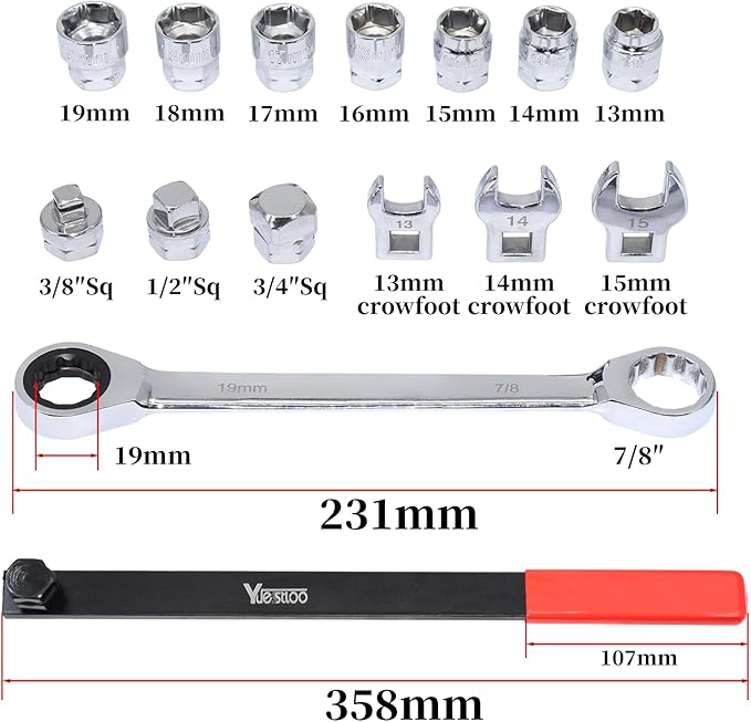 15pcs Universal Ratcheting Serpentine Belt Tool Set, Serpentine Belt Removal Installation Tensioner Kit with Ratcheting Wrench, Crowfoot Wrenches, Socket Adapters, 6-Point Sockets
