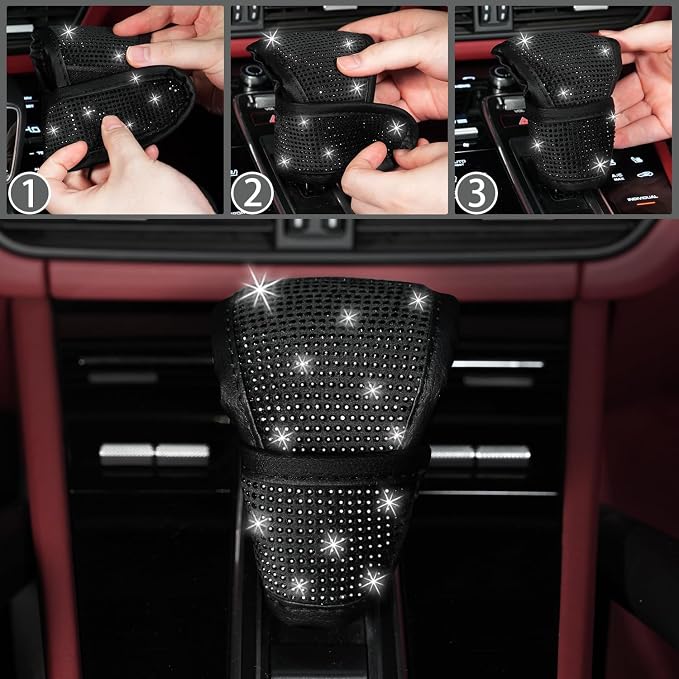 NBTEPEM 12 Pcs Bling Car Accessories Set for Women Car Floor Mats Full Set Steering Wheel Cover Seat Belt Covers Coasters Universal Fit Car SUV Truck Van Black