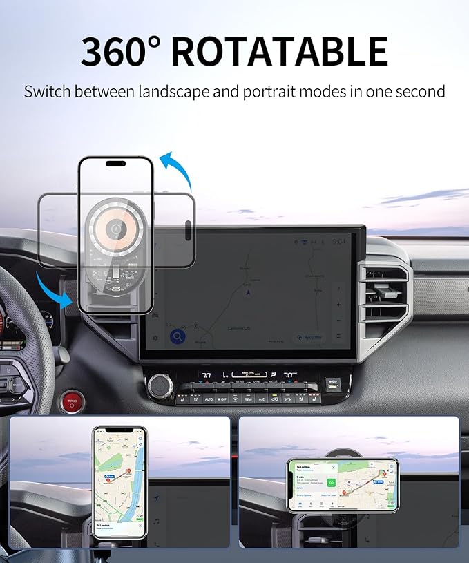 Wireless Charging Car Phone Holder for Toyota Tundra 2022-2026 / Sequoia 2023-2026, 14" Screen Fixed Clip, 360° Rotation Car Phone Mount Compatible with MagSafe