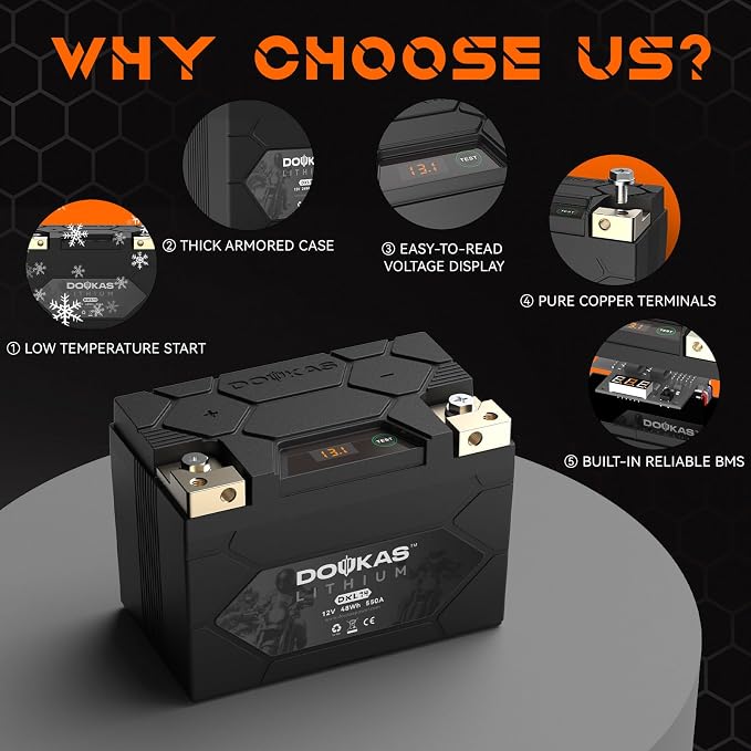 DKL14 YTX14-BS 550A LiFePO4 Motorcycle Lithium Battery, 12V 4Ah Powersports Battery, Compatible Jet Ski, ATV, Lawn Mower, Scooter, Generator Battery, Snowmobile