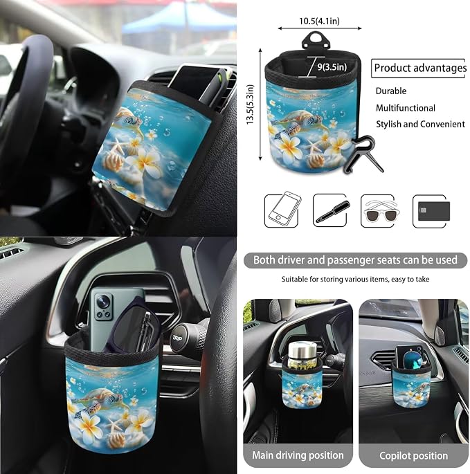 Sea Plumeria Starfish Shell Pattern Auto Accessories Set of 15, Car Seat Covers Steering Wheel Cover Seat Belt Cover Air Vent Storage Bag Keychain Trash Bin and Mirror Cover